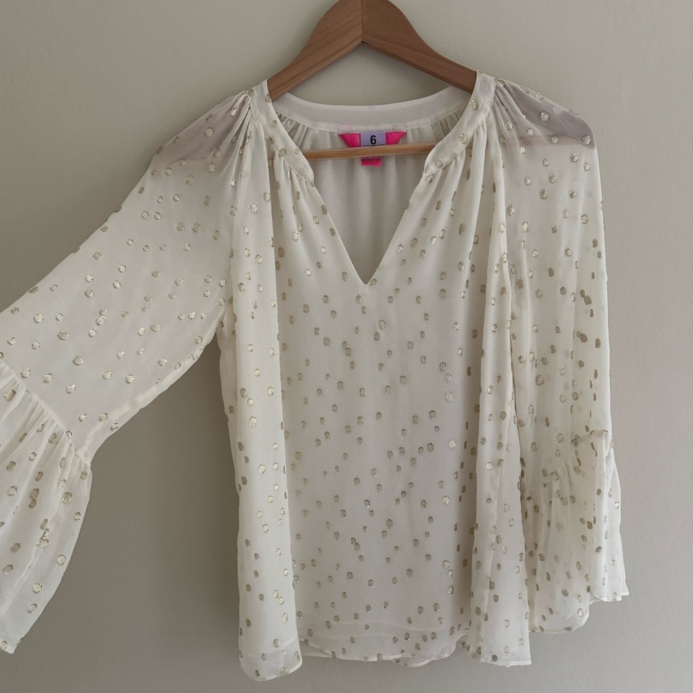 Lily Pulitzer XXS flounce sleeve silk metallic blouse